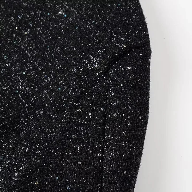 Women's Sequined Bomber Jacket Fall New Round Neck Long Sleeve Pocket Stretch Hem Sequins Jacket Coat Female Chic Outerwear