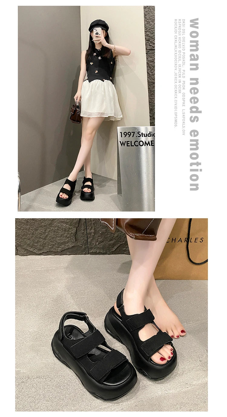 7CM High Platform Leather Sandals Women New Summer Breathable High Heels Ladies Beach Sneakers Wedges Chunky Slippers Sandalias