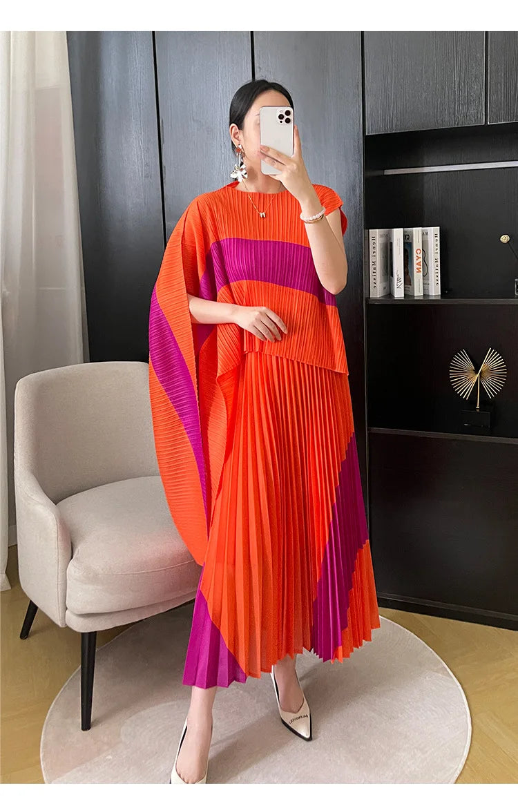 Miyake Pleated Two Piece Skirt Sets Women Sleeveless Irregular T-shirt Long Contrasting Color Skirt