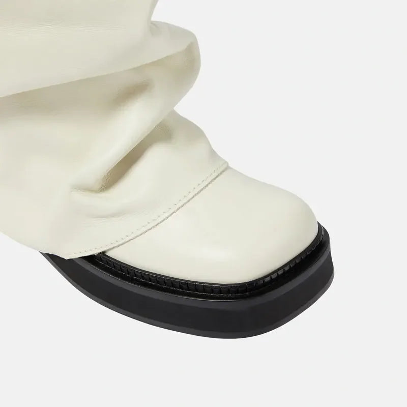Women's Chunky Leather Flats & Knee Boots - Square Toe Loose Fit Spring-Autumn Casual Shoes with Pleated Pants