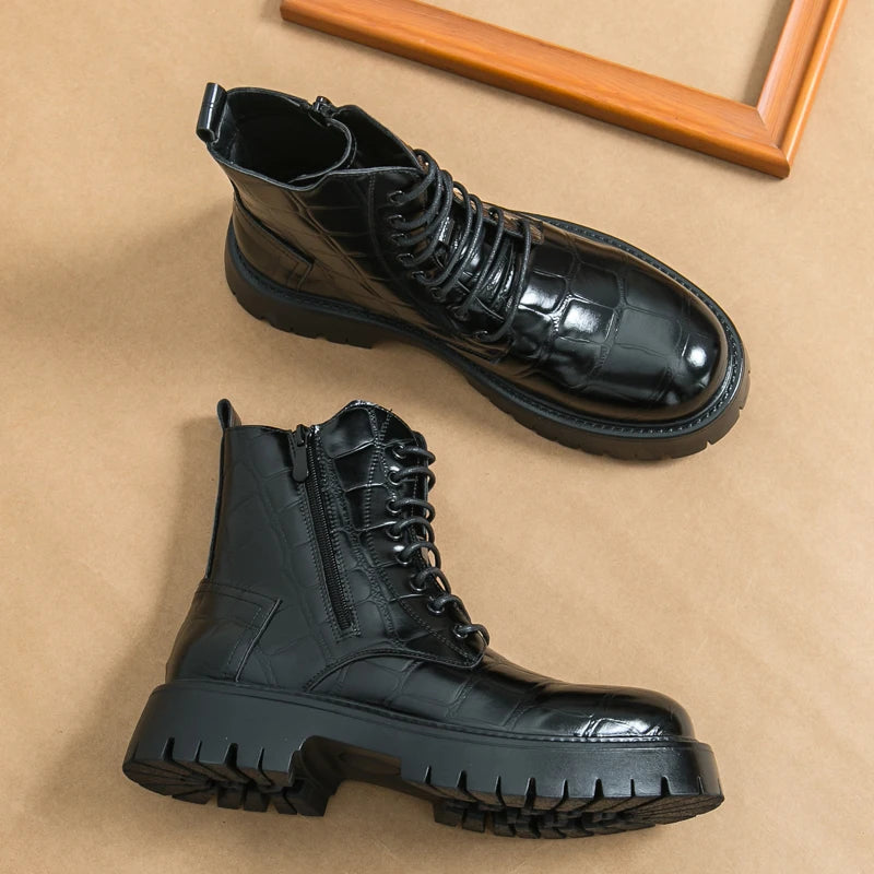 Luxury Brand Men's Autumn and Winter Crocodile Leather Side Zipper High Top Boots Fashionable New Men's Comfortable Short Boots