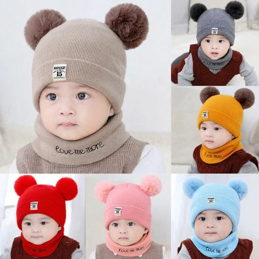 Autumn Winter Warm Baby Knitted Hats with Scarf Kids Knit Beanie Caps Solid Color Children's Hat Toddler Boys Girls Accessories