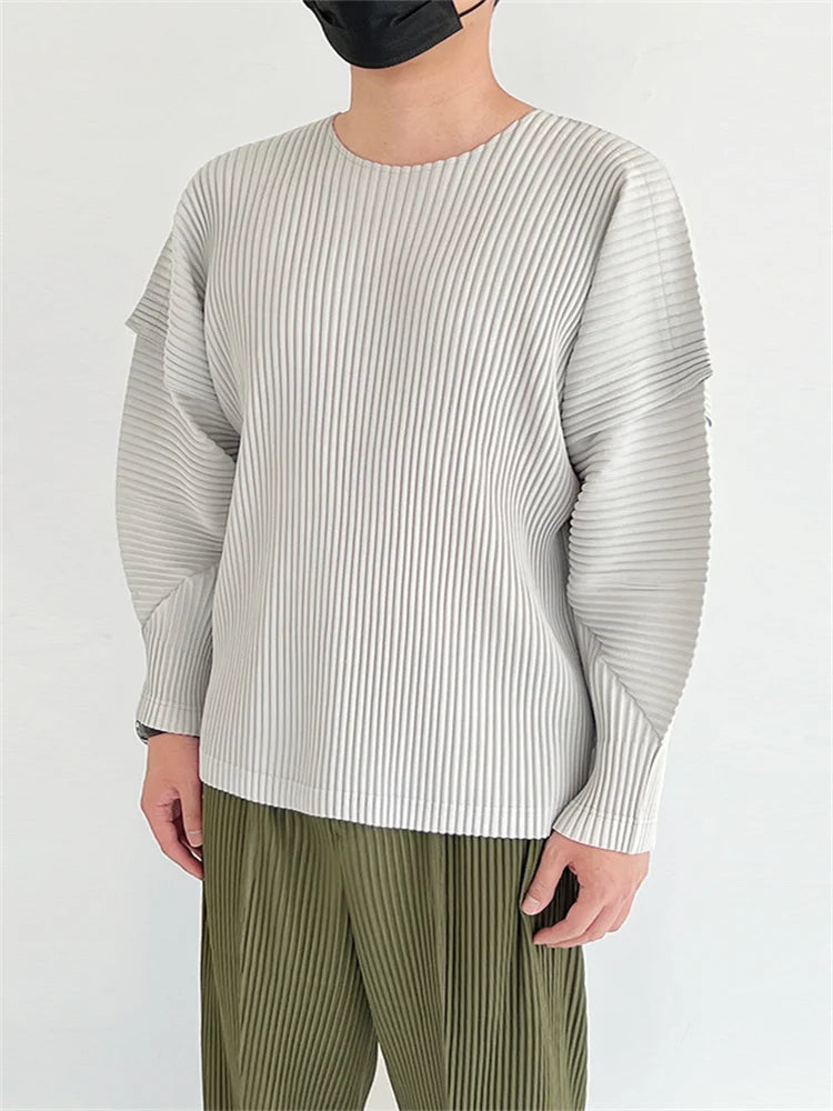 Autumn Summer New Original Miyake Pleated Men's T-shirt Long Sleeves O-neck Solid Color Casual Loose Style Fashion Male Tops