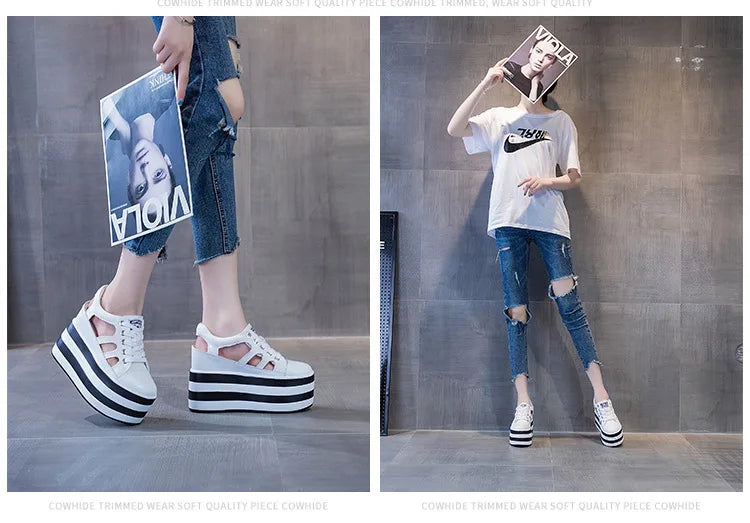 Fujin 12cm Platform Wedge Shoes Sandals for Women Sneakers Summer Shoes Hollow Cut Summer Sneakers Genuine Leather