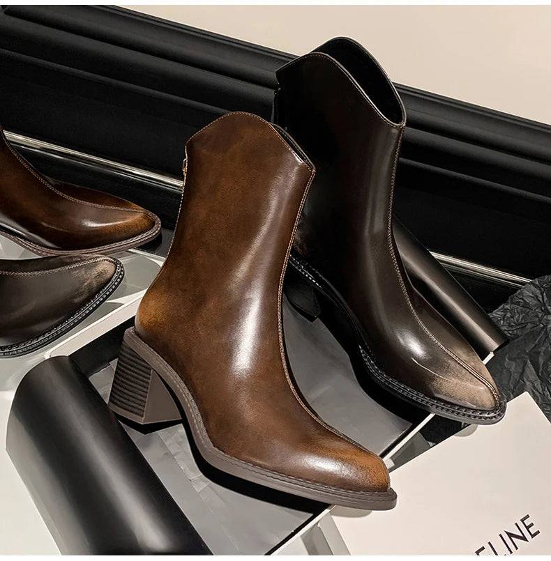 Ods New Women Genuine Leather Pointed Toe Knee High Boots Black White Brown Side Zipper Female Shoes Thick Heel Plus Size 42