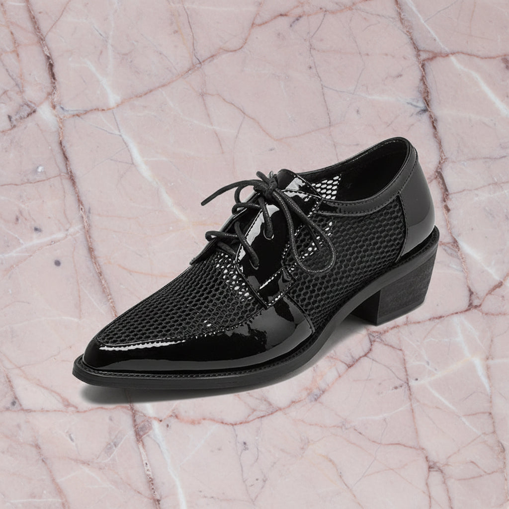 Spring Summer Genuine Leather Mesh Pumps Women Pointed Toe Lace Up Med Thick Heels Breathable Office Ladies Shoes 2025