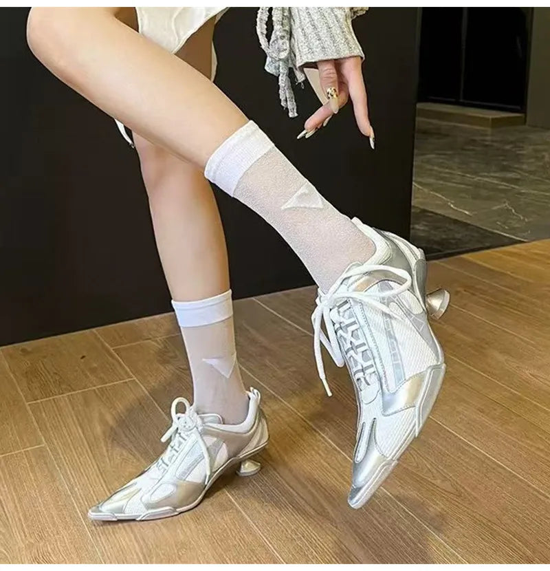 Sport Style Fashion Mixed-color Pointed toe Women Pumps Spring Autumn Breathable Mesh Strange High heels Casual Sneakers Shoes