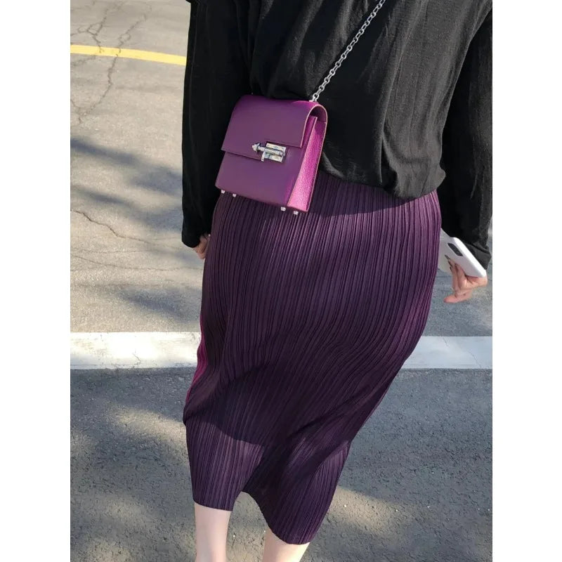 Miyake Pleated Skirt High Waist One Button Stitching Long Asymmetrical Skirt Two Piece Straight Korea Fashion Aesthetic Clothes
