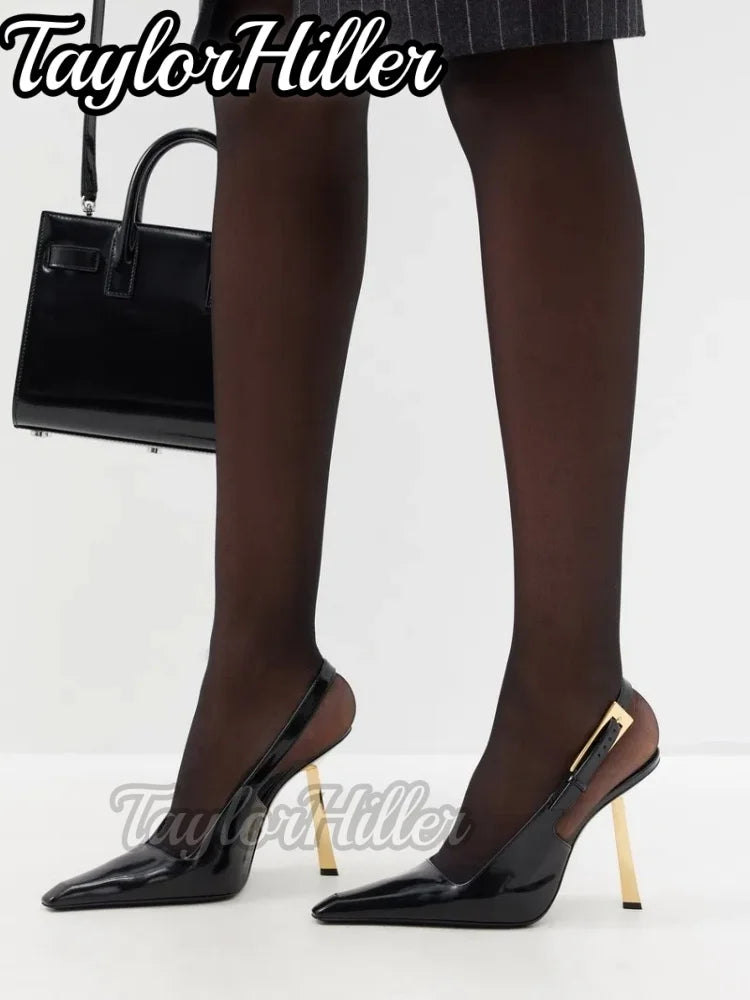 Luxury Slingback Patent Leather Heeled Sandals Pointy Toe Shallow High Heels Women Golden Strange Style Designer Shoes Summer