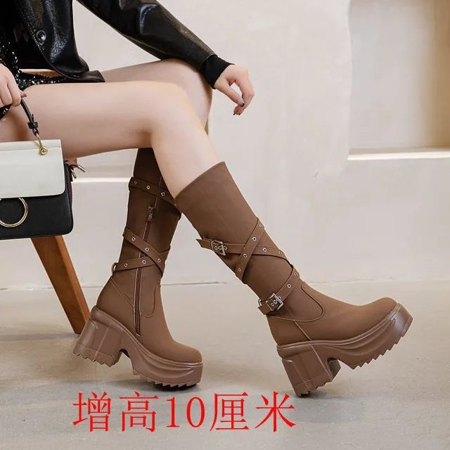 Fujin 10cm Microfiber Women Boots British Boots ZIP Synthetic Leather Ankle Spring Platform Wedge Knee High Fashion Autumn Shoes