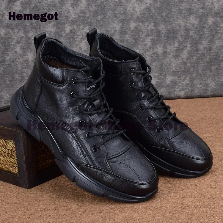Men's Winter Warm High Top Leather Shoes Black Leather Casual Business Plus Plush Thick Soled Men's Cotton Shoes Males Shoes