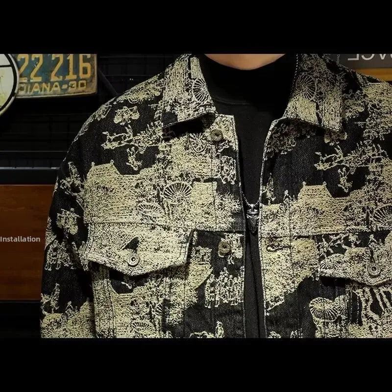 Retro Camouflage Loose Men's Jacket Long Sleeve Embroidered Denim Coat Fashionable Trendy Outerwear Comfortable Fit Male Coat