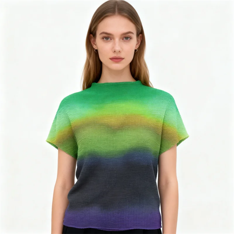 Miyake Pleated Women's Casual Tops 2026 Summer New Gradient Color Thin Stretch Half Turtleneck Short-sleeved T-shirt for Women