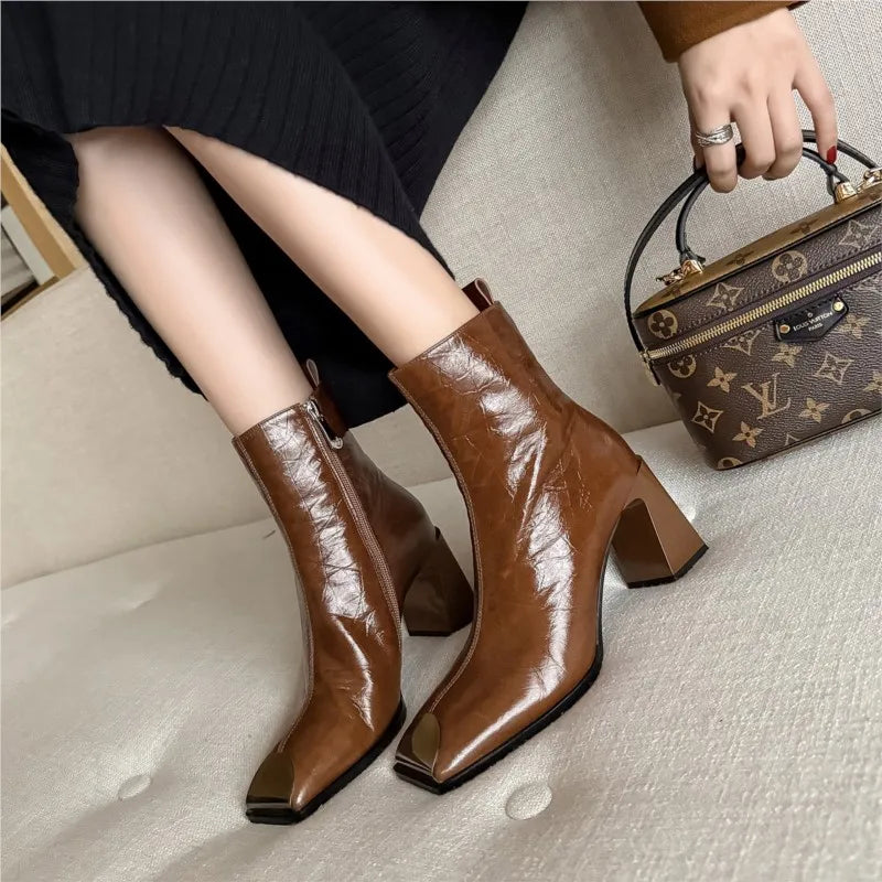 Fashion Genuine Leather women's Ankle Boots Square Metal Toe High Thick Heels Lady Party Dating Boots Women Autumn