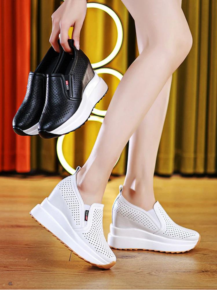 Fujin 10cm Women Summer Breathable Casual Sandals Platform Wedge Fashion Ins White Genuine Leather Chunky Sneaker Hollow Shoes