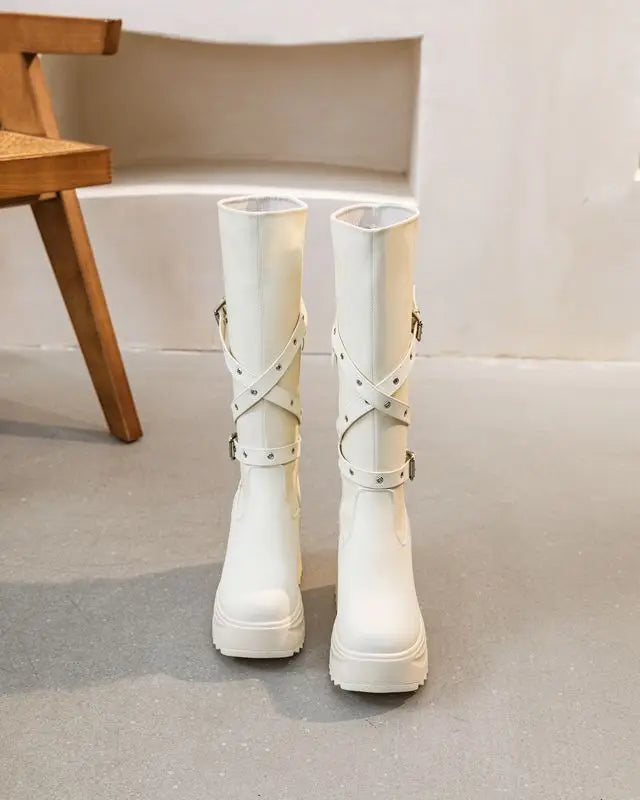 Fujin 10cm Microfiber Women Boots British Boots ZIP Synthetic Leather Ankle Spring Platform Wedge Knee High Fashion Autumn Shoes