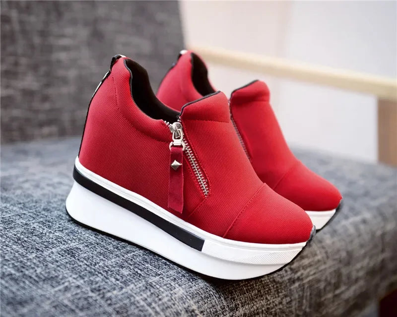 2024 Platform Sneakers Women Red Casual Comfortable Hidden Heel Shoe Black Canvas Shoes Wedge Heels Sneaker Tenis De Mujer