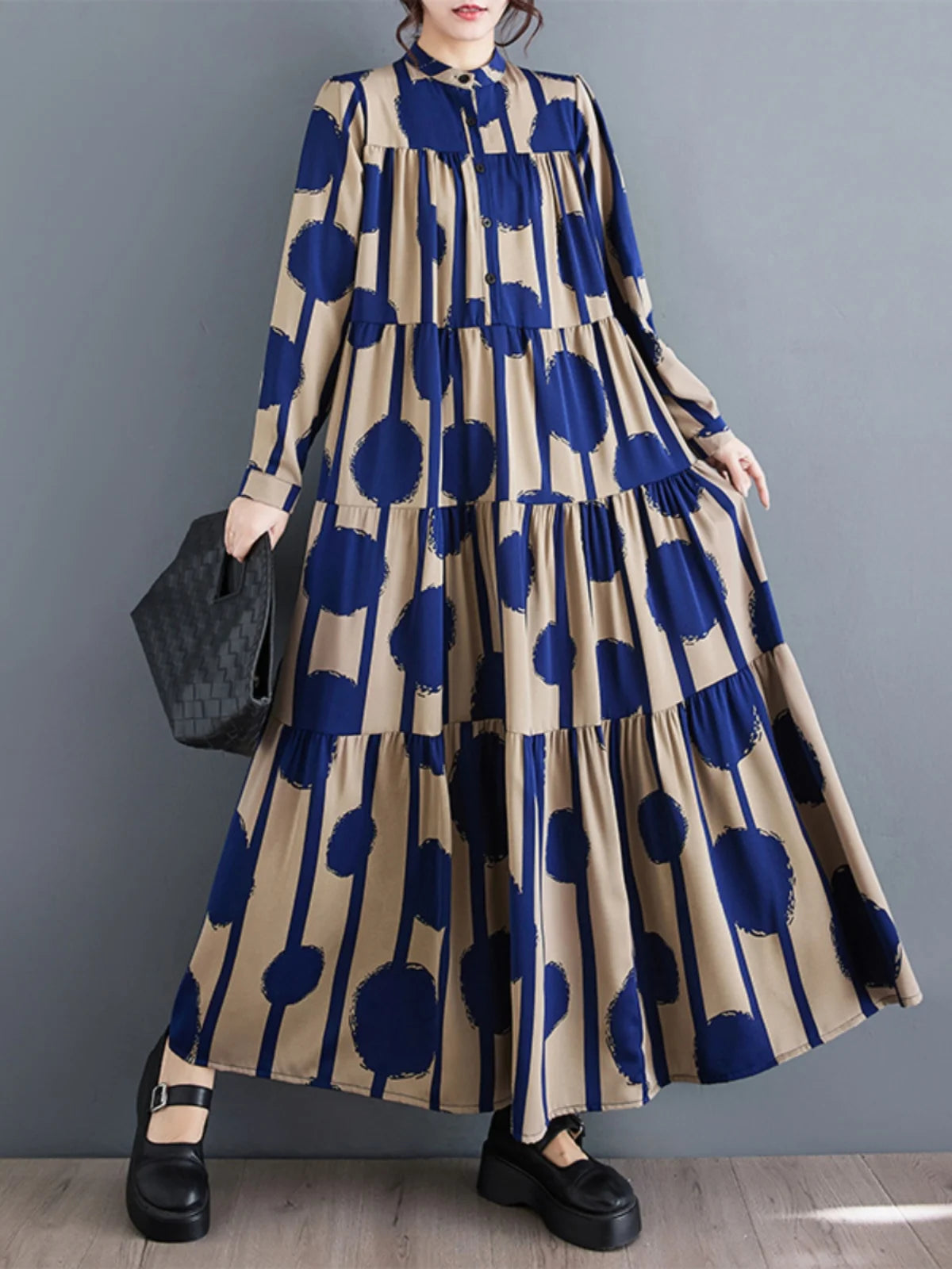 Ele Long Dr Women's Spring Autumn High Waist A-Line Polka Dot Print Maxi Skirt Faionable Bell Sve High Ne