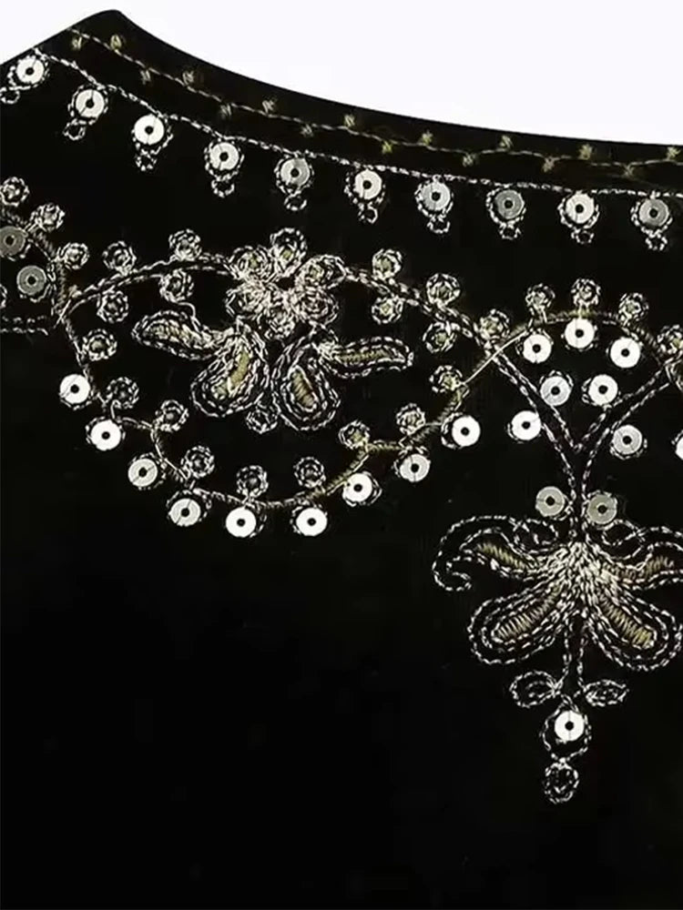 Women Fashion With Sequin Floral Embroidery Crop Waistcoat Vintage O Neck Sleeveless Female Outerwear Chic Vest Tops