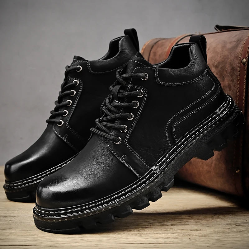 New Genuine Leather Men Boots Cow Leather Upper Durable Sole Lace up Autumn Winter Boots  Daily Leisure Outdoor Shoes For Man