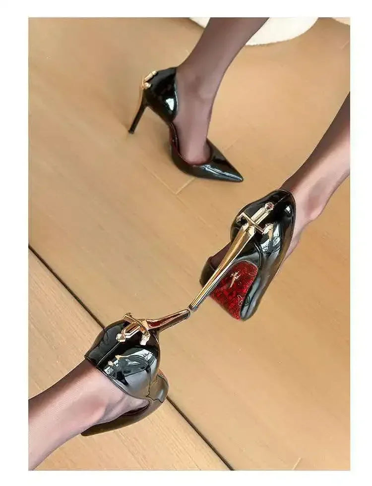 8CM Fashion Womens High Heel High Quality Metal Scepter Stiletto Pointed Leather Women Shoes Premium Single Shoes for Women