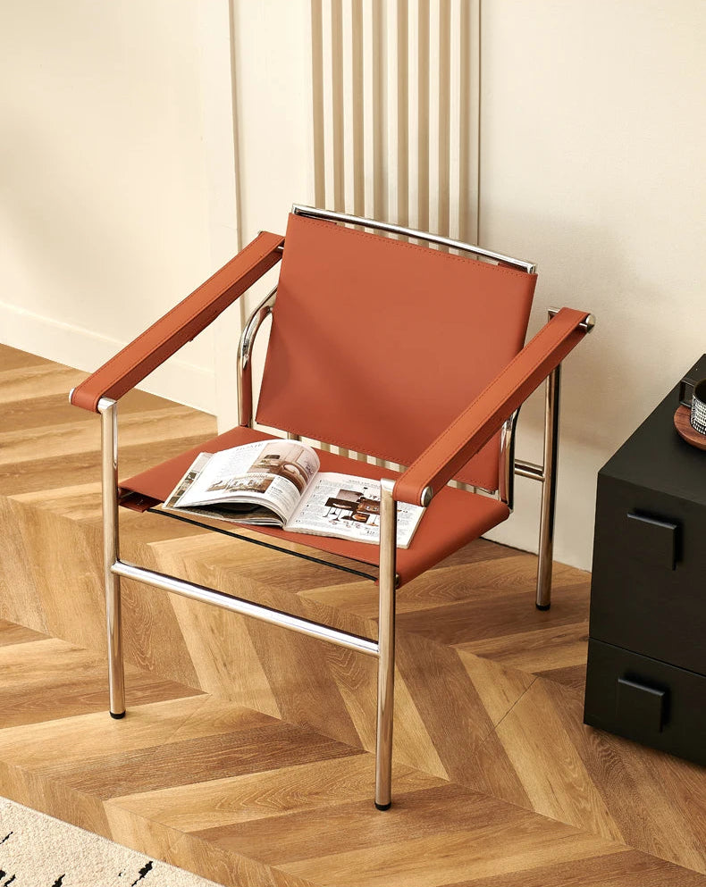 Italian Simple Saddle Chair, Single Leather Stainless Steel Leisure Chair Minimalist Single Black Sofa Chair Living Room Design