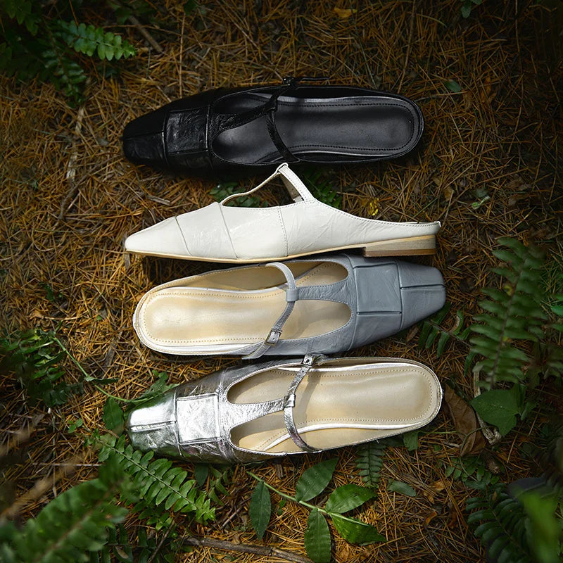 Genuine Leather t-strap Slippers Women Covered Toe Low Heel Slides Ladies Summer Vacation Slippers Female
