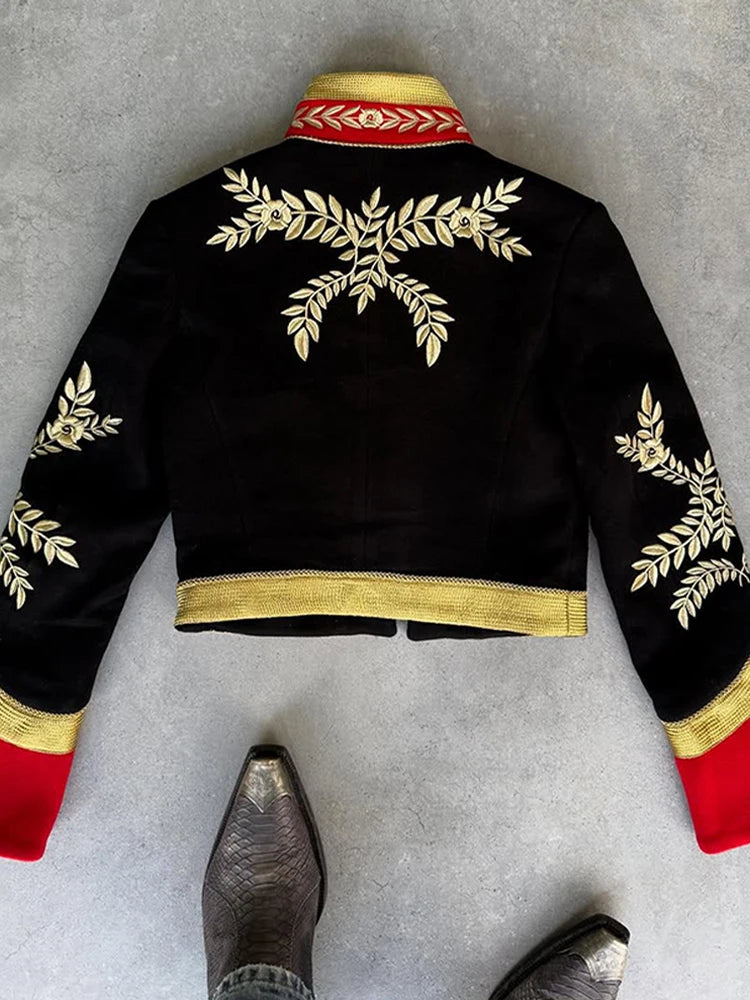 Napoleon Golden Button Patchwork Jacket Women Luxury Stand Collar Long Sleeve Panelled Slim Short Coats Chic Lady New Outerwears