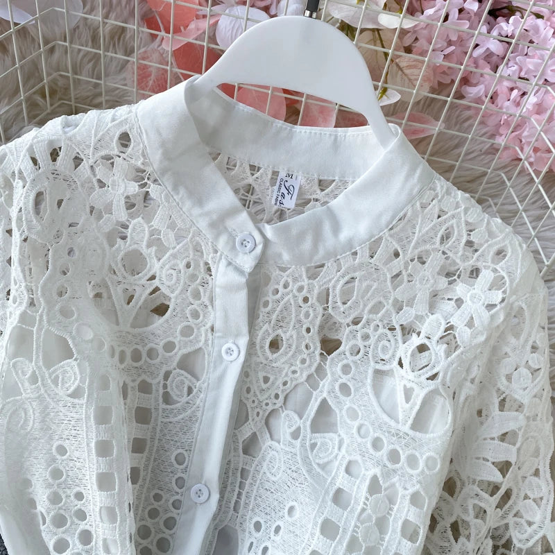 Summer Women Lace Sweet Sexy Dress Hollow Out Half High Collar Short Sleeve Single-breasted High Waist Slim Vintage Midi Dresses