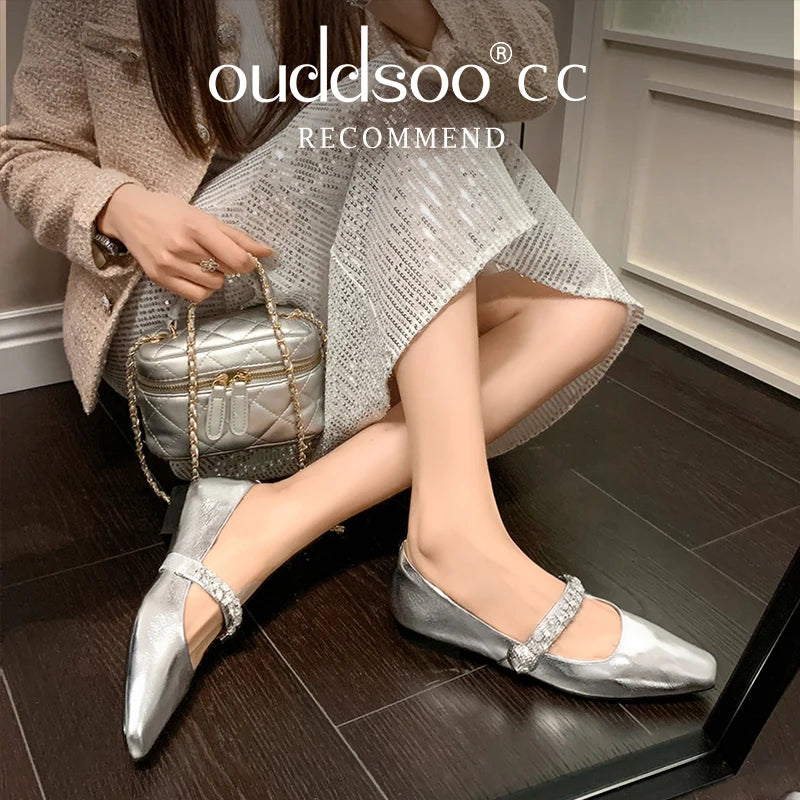 Ods Women Crystal Mules Flats Slippers Designer Sandals 2025 Dress Square-toe Leather Slides Summer Slingback Buckle De Mujer
