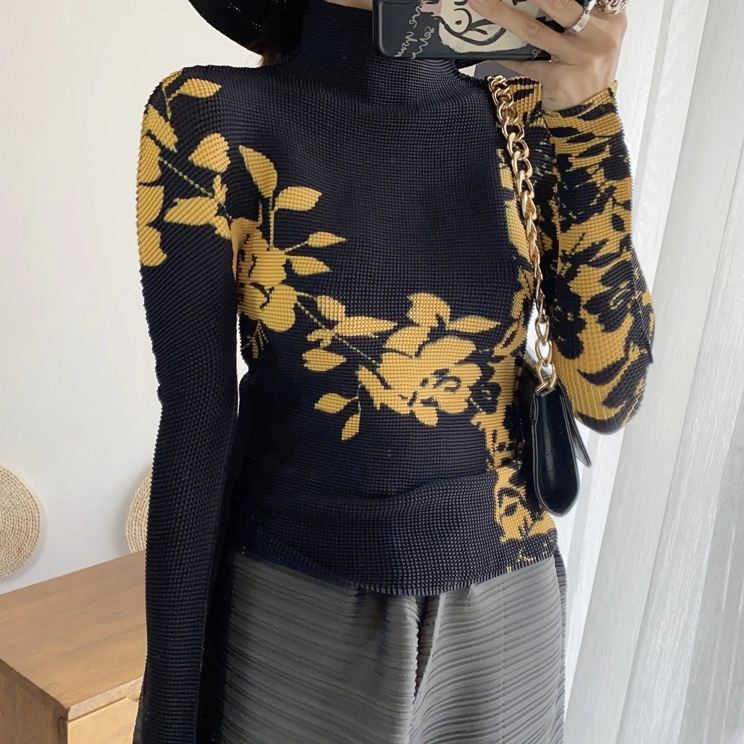 Miyake Pleated Contrasting Colors T-shirt Women Half Turtleneck Skinny Pullover 2025 Summer Fashion Female Clothing