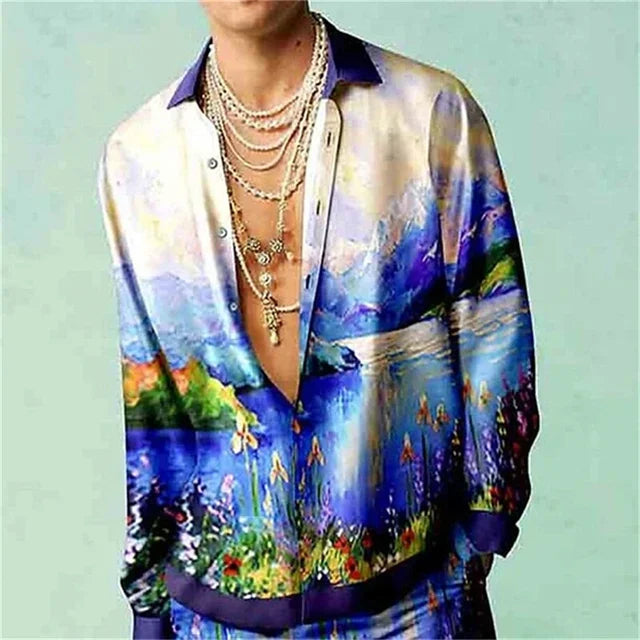 Casual Simple Long Sleeve Shirt Men's Fall Men's Shirt Long Sleeve Men's Ethnic Style Graphic 3d Print Holiday Button Men's Shir