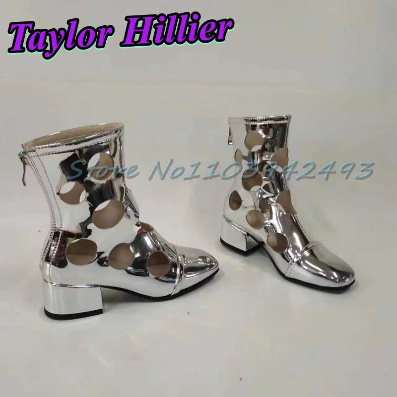 Silver Hollow Heeled Sandals Round Toe Heels Women Designer Luxury Shoes Spring Summer Hole Boots Ankle Short Boots Size Zipper