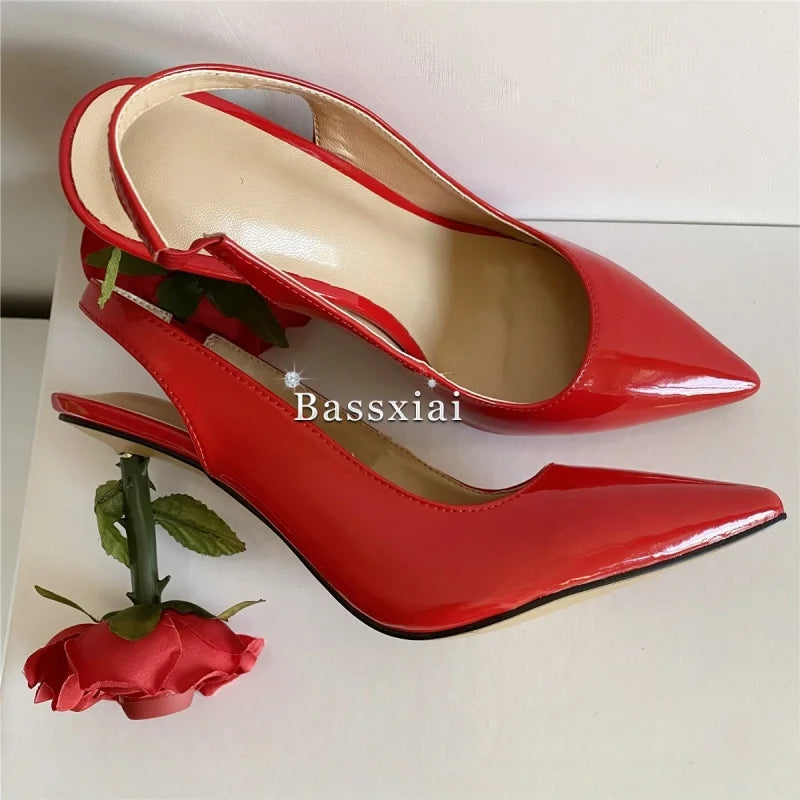 Unique Rose Flower Heel Women Pumps Genuine Leather Slingbacks Sexy Pointed Toe Dress Shoes For Girls