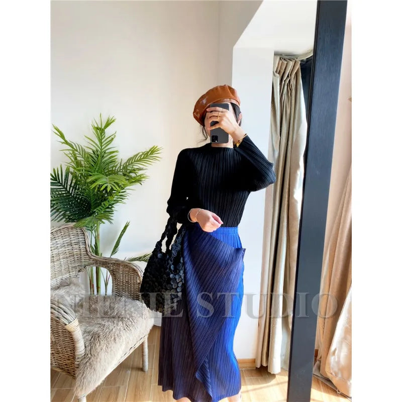 Miyake Pleated Skirt High Waist One Button Stitching Long Asymmetrical Skirt Two Piece Straight Korea Fashion Aesthetic Clothes