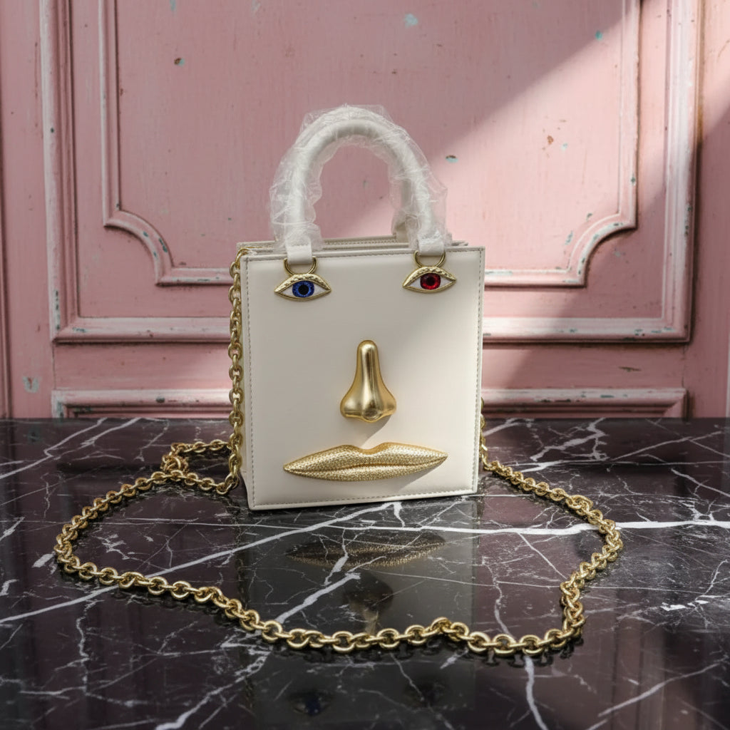 2026 Summer New Women's Surreal  Leather Handbag 3D Face Hand Grip Pattern Tote Bag Silver Patent Leather Square Versatile Shoulder Bag