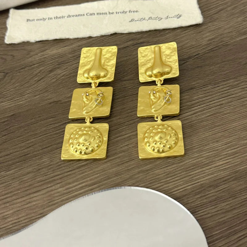 French Retro Embossed Nose And Ear Square Patchwork Earrings Unique Fashionable Earrings Women Trendy Jewelry Accessories