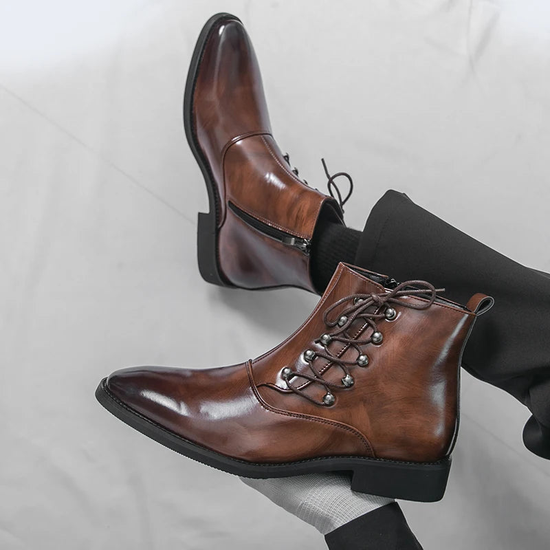 Autumn New Men's Pointed Side Zipper Comfortable High Top Boots Fashionable Brand Men Business Banquet Personalized Short Boots