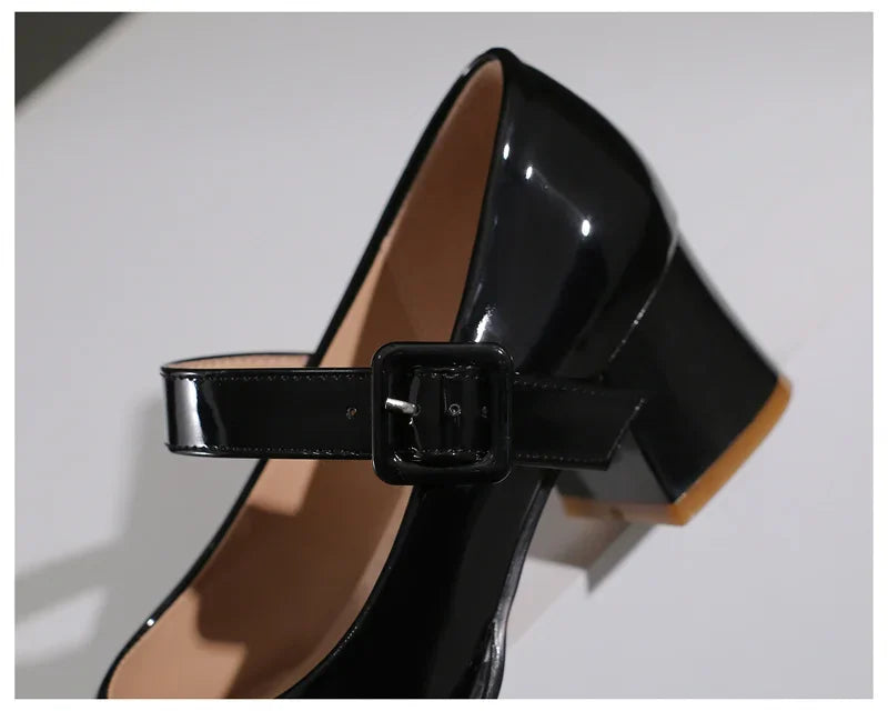 Spring Autumn Women Platform Mary Janes High Thick Heel Orange Red Patent Leather Dress Office Lady Round Toe Buckle Strap Pumps