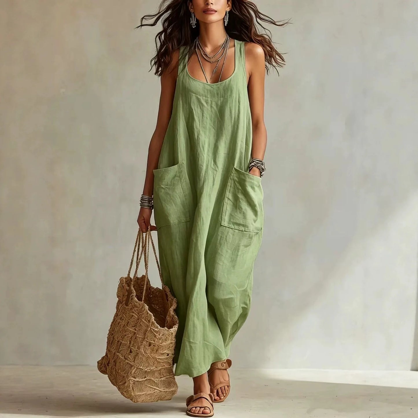 Women's Cotton Linen Square Neck Maxi Dress with Pockets Spaghetti Strap Sleeveless Loose Vacation Beach Long Sundress S-2XL
