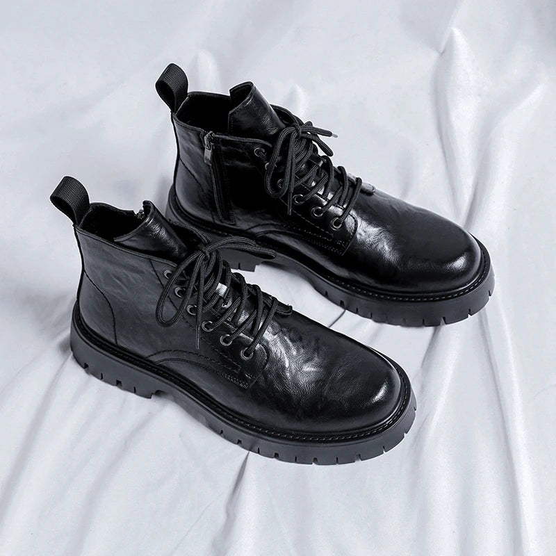 New Fashion Lace Up Casual Mens Boots Mens Thick Sole Ankle Boots Trendy Comfortable Mens Classic Black/Brown Motorcycle Boots