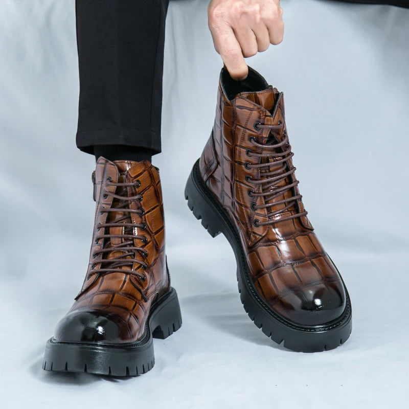 Luxury Brand Men's Autumn and Winter Crocodile Leather Side Zipper High Top Boots Fashionable New Men's Comfortable Short Boots