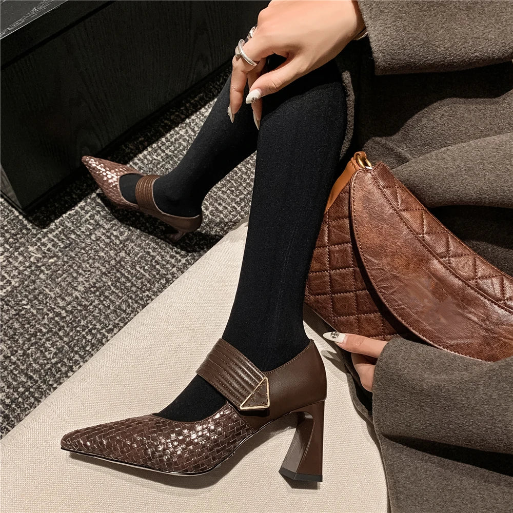 Aucegi Classic Chunky Hight Heels Woman Genuine Leather Woven Cow Suede Pumps Pointed Toe Elegant  Magic Paste Party Shoes