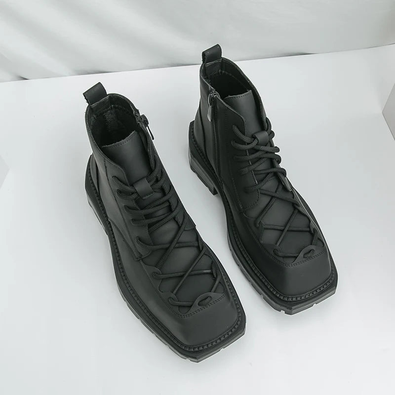Autumn New Men Comfortable Lace Up Side Zipper High Top Leather Shoes Fashion Brand Round Toe Thick Soled Non Slip Outdoor Boots