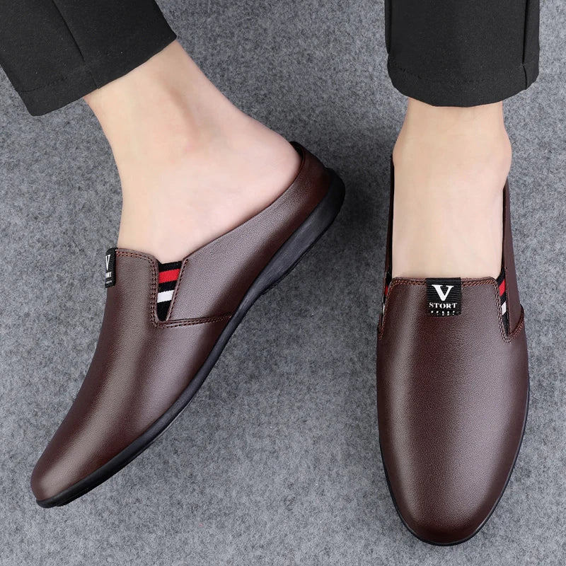 Men's Leather Black Half Leather Shoes Fashion Non-slip Half Trailer Men Sandals Moccasin Breathable Soft Flats Men Driving Shoe