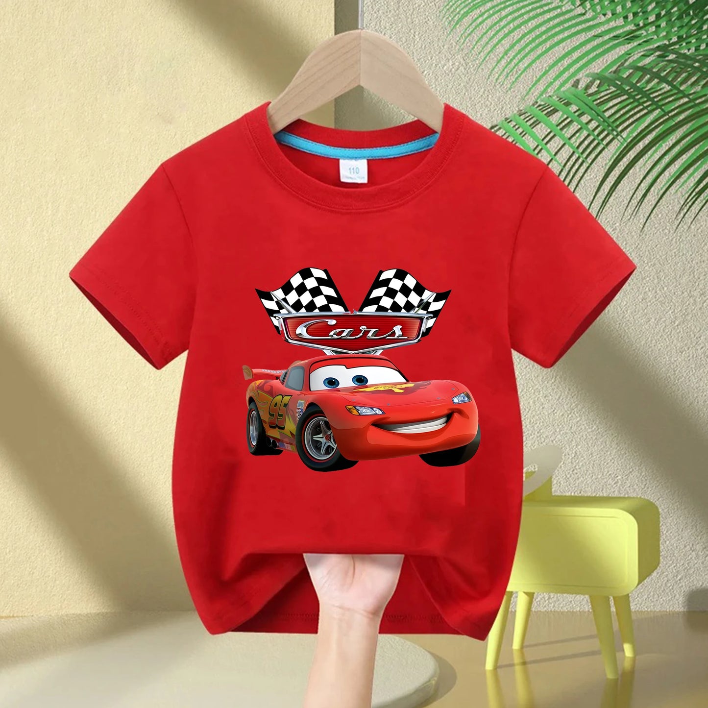 2025 Summer New Disney Cars Lightning McQueen around short-sleeved boys and girls summer 100% cotton all-match T-shirt clothes