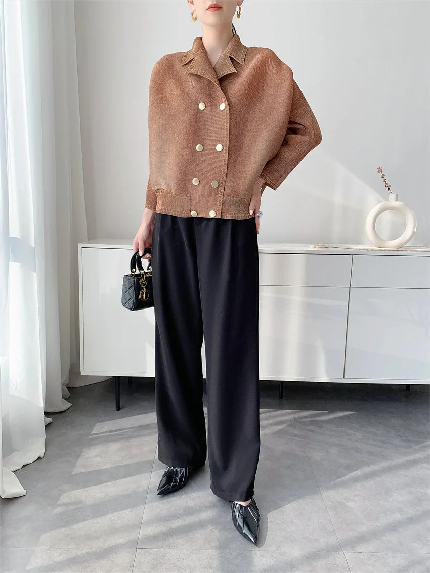 Miyake Women's Early‑Autumn Toothpick‑Texture Pleated Jacket, Relaxed‑Vibe Casual Outerwear, Slim‑Fitting Draping Commuter Top
