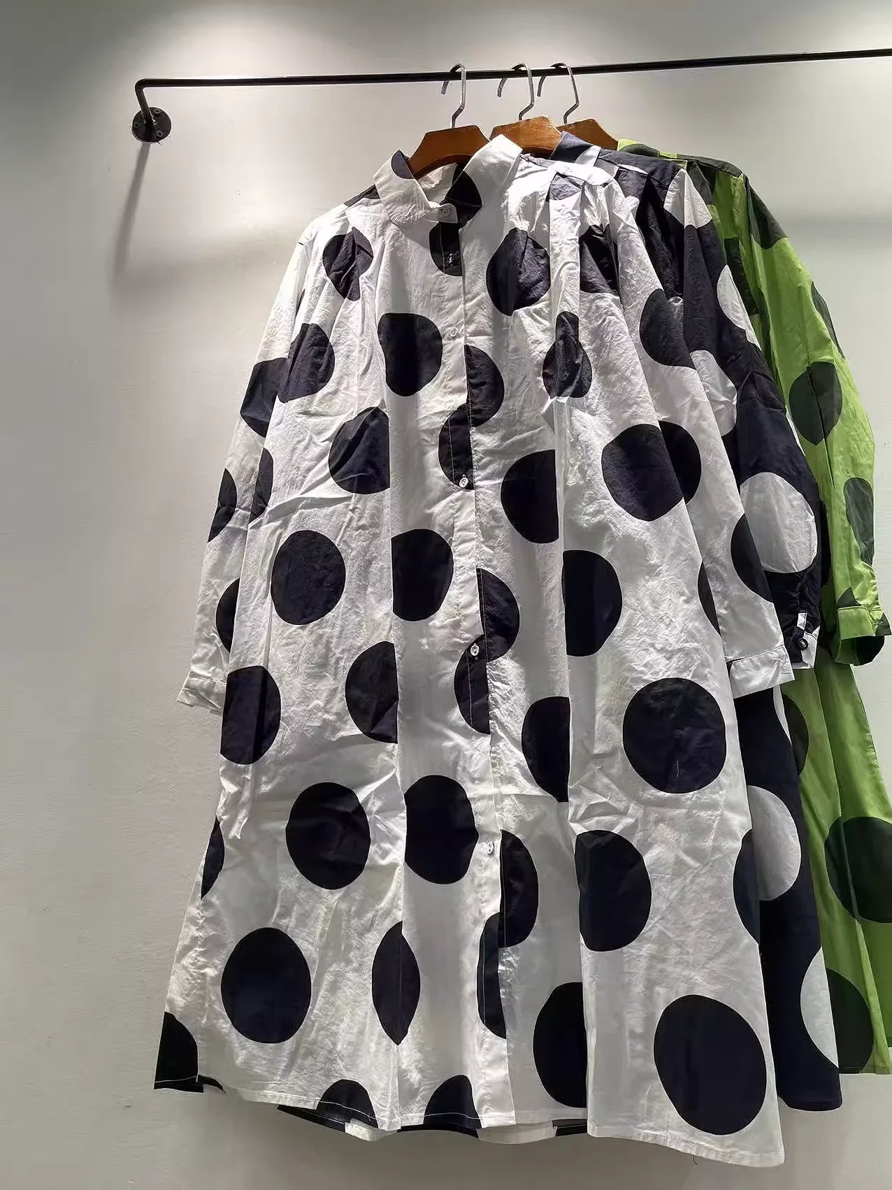 Bust 118cm Middle Aged Women Fall Clothes Japan Style Green Polka Dot Print Pure Cotton Shirt Dress for Women Autumn Loose Dress