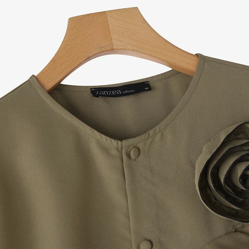 ZANZEA 2025 Summer Blouses Women Three-D Flowers Shirts Short Sleeve Blusas Chic Round Neck Shirts Casual Loose Colorblock Tops