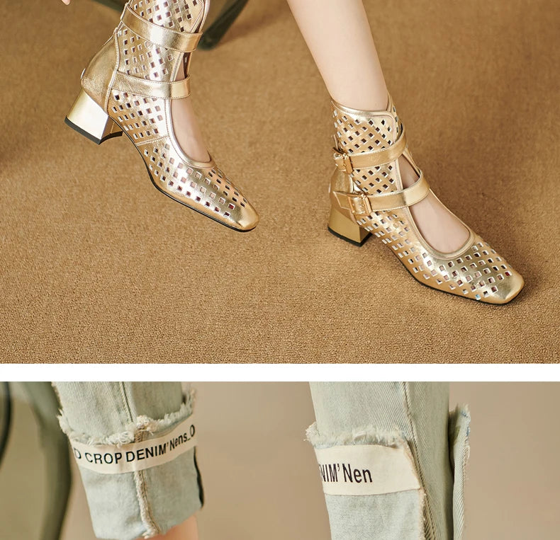 Sexy Brand Luxury Gold Gladiator Sandals Platform Beige Summer Mesh Grid Ankle Boots Roman Sandals For Woman Genuine Leather